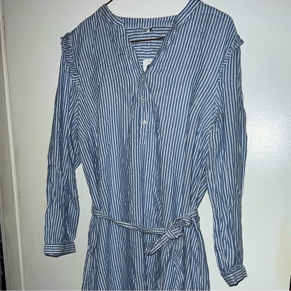 Blue and white stripped Cotten blend dress with string waist tie.